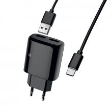 Čierna Sturdo Type-C 2A sieť.nabíjačka 2xUSB+KAB 1M