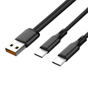 Sturdo textilný nab. kábel 2in1, 1,2m USB na 2x Type-C (QC 5A+2A), čierny