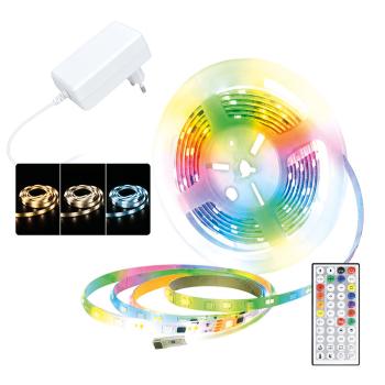 Solight LED svetelný pás, RGB + 3CCT, 5m, sada s 24V adaptérom a diaľk. ovládačom, 5W/m, IP65