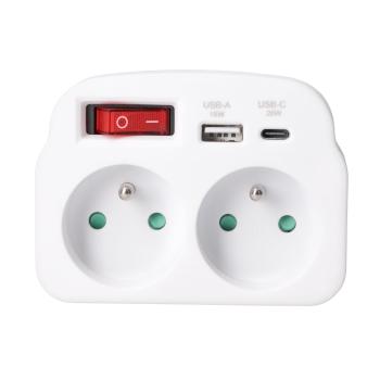 Solight rozbočovač 2 x 16A, USB A+C rychlonabíjačka 20W PD, biely, vypínač